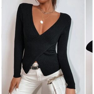 Crossover Plunging Neckline Sweater